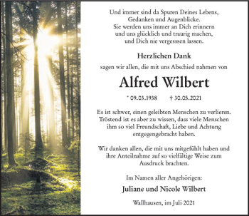 Traueranzeige von Alfred Wilbert von vrm-trauer