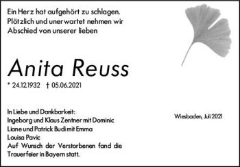 Traueranzeige von Anita Reuss von vrm-trauer