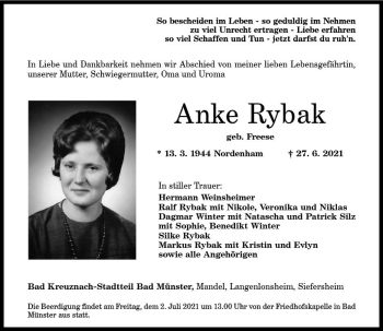 Traueranzeige von Anke Rybak von vrm-trauer