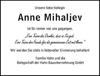 Traueranzeige von Anne Mihaljev von vrm-trauer