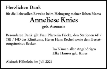Traueranzeige von Anneliese Knies von vrm-trauer