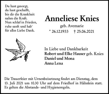 Traueranzeige von Anneliese Knies von vrm-trauer