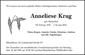 Traueranzeige von Anneliese Krug von vrm-trauer