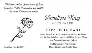 Traueranzeige von Anneliese Krug von vrm-trauer
