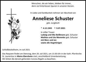 Traueranzeige von Anneliese Schuster von vrm-trauer