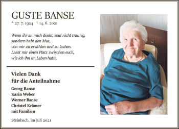 Traueranzeige von Auguste Banse von vrm-trauer