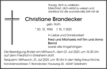 Traueranzeige von Christiane Brandecker von VRM Tageszeitungen