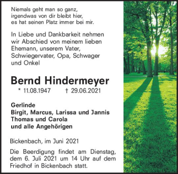 Traueranzeige von Bernd Hindermeyer von vrm-trauer
