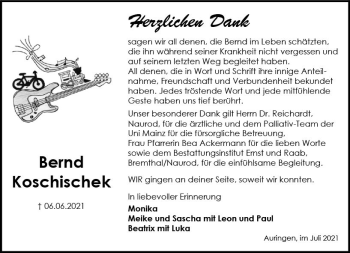 Traueranzeige von Bernd Koschischek von vrm-trauer