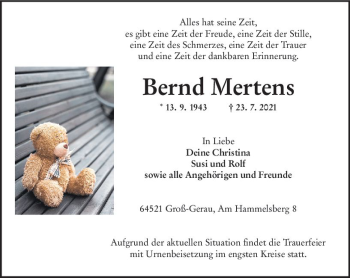 Traueranzeige von Bernd Mertens von vrm-trauer