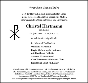 Traueranzeige von Christel Hartmann von vrm-trauer