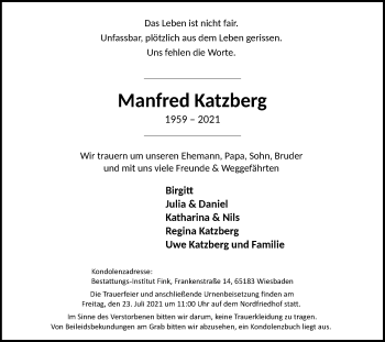 Traueranzeige von Manfred Katzberg von VRM Tageszeitungen