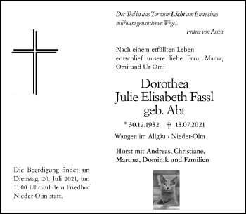Traueranzeige von Dorothea Julie Elisabeth Fassl von vrm-trauer