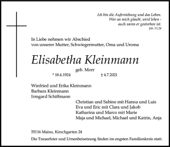 Traueranzeige von Elisabetha Kleinmann von vrm-trauer