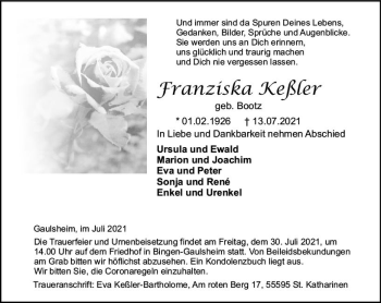 Traueranzeige von Franziska Keßler von vrm-trauer