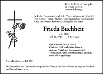 Traueranzeige von Frieda Buchheit von vrm-trauer