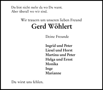 Traueranzeige von Gerd Wöhlert von vrm-trauer