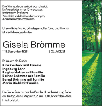 Traueranzeige von Gisela Brömme von vrm-trauer
