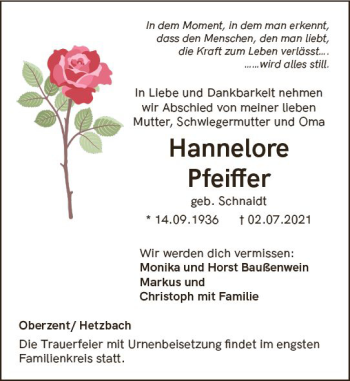 Traueranzeige von Hannelore Pfeiffer von vrm-trauer