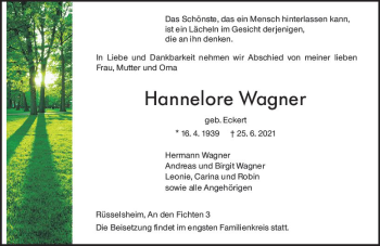 Traueranzeige von Hannelore Wagner von vrm-trauer
