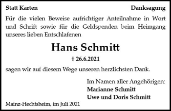 Traueranzeige von Hans Schmitt von vrm-trauer