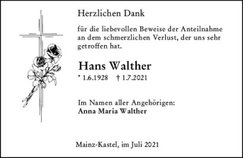 Traueranzeige von Hans Walther von vrm-trauer