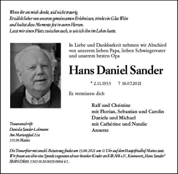 Traueranzeige von Hans Daniel Sander von vrm-trauer