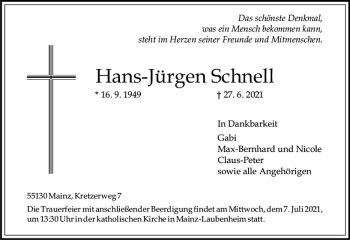 Traueranzeige von Hans Jürgen Schnell von vrm-trauer