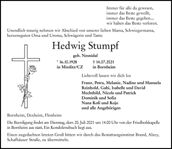 Traueranzeige von Hedwig Stumpf von vrm-trauer