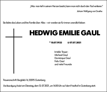 Traueranzeige von Hedwig Emilie Gaul von vrm-trauer