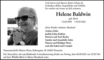 Traueranzeige von Helene Baldwin von vrm-trauer