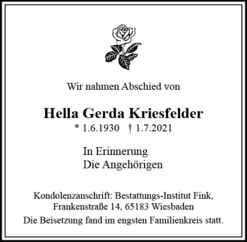 Traueranzeige von Hella Gerda Kriesfelder von vrm-trauer