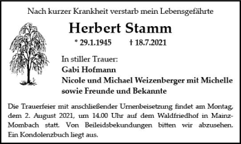 Traueranzeige von Herbert Stamm von vrm-trauer