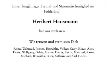 Traueranzeige von Heribert Hausmann von vrm-trauer
