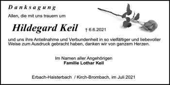 Traueranzeige von Hildegard Keil von vrm-trauer