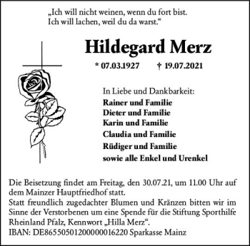Traueranzeige von Hildegard Merz von vrm-trauer
