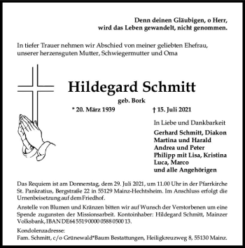 Traueranzeige von Hildegard Schmitt von vrm-trauer