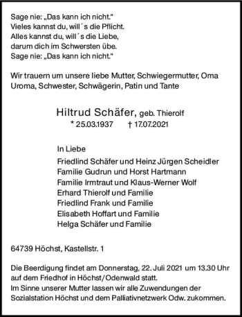 Traueranzeige von Hiltrud Schäfer von vrm-trauer