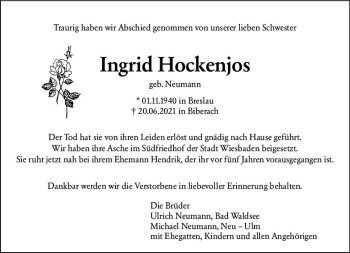 Traueranzeige von Ingrid Hockenjos von vrm-trauer