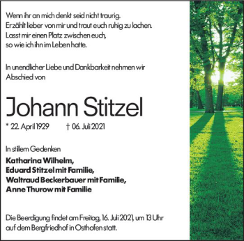 Traueranzeige von Johann Stitzel von vrm-trauer