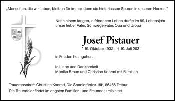 Traueranzeige von Josef Pistauer von vrm-trauer