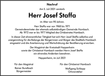 Traueranzeige von Josef Staffa von vrm-trauer
