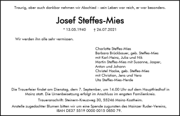 Traueranzeige von Josef Steffes-Mies von vrm-trauer