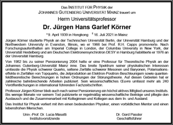 Traueranzeige von Jürgen Hans Garlef Körner von vrm-trauer