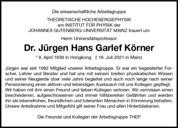Traueranzeige von Jürgen Hans Garlef Körner von vrm-trauer