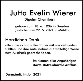 Traueranzeige von Jutta Evelin Wierer von vrm-trauer
