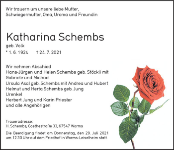 Traueranzeige von Katharina Schembs von vrm-trauer