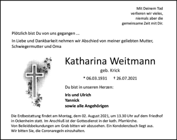 Traueranzeige von Katharina Weitmann von vrm-trauer