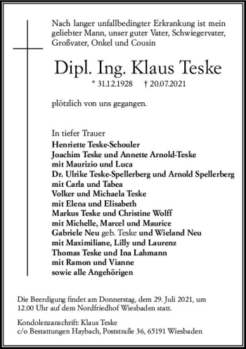 Traueranzeige von Klaus Teske von vrm-trauer