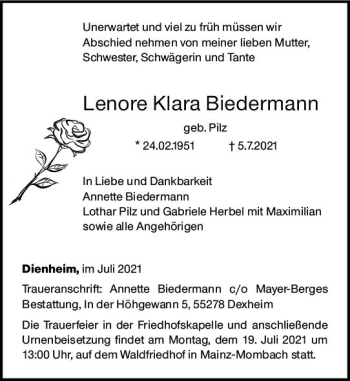 Traueranzeige von Lenore Klara Biedermann von vrm-trauer